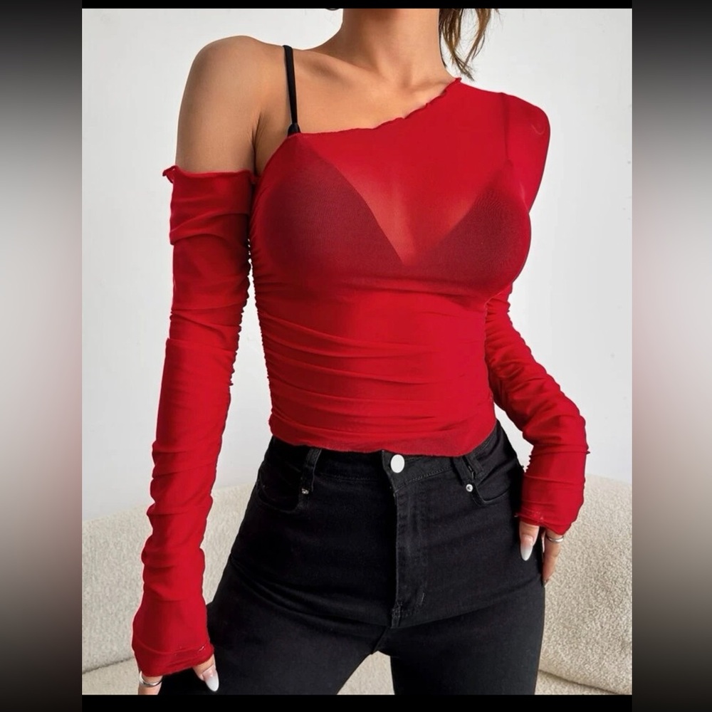 Red mesh one shoulder top